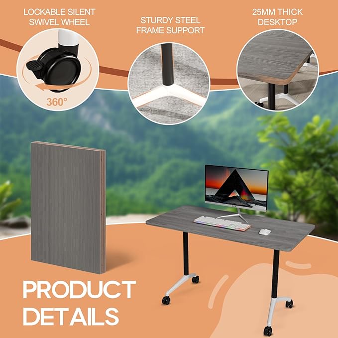 Folding Conference Table 4ft 5ft, Foldable Office Meeting Desk for 6 People, Multiple Sizes Colors Mobile Conference Room Table for Training Room School Business Furniture (6, Grey, 63in)