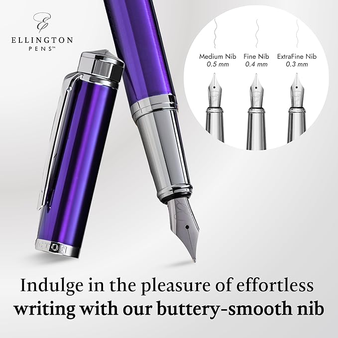 Ellington Pens Luxury Fountain Pen Set - Extra Fine Nib - Includes 3 Ink Cartridges, Refillable Ink Converter, Gift Box - Fountain Pens For Writing, Calligraphy, Journaling, Sketching (Purple Haze)