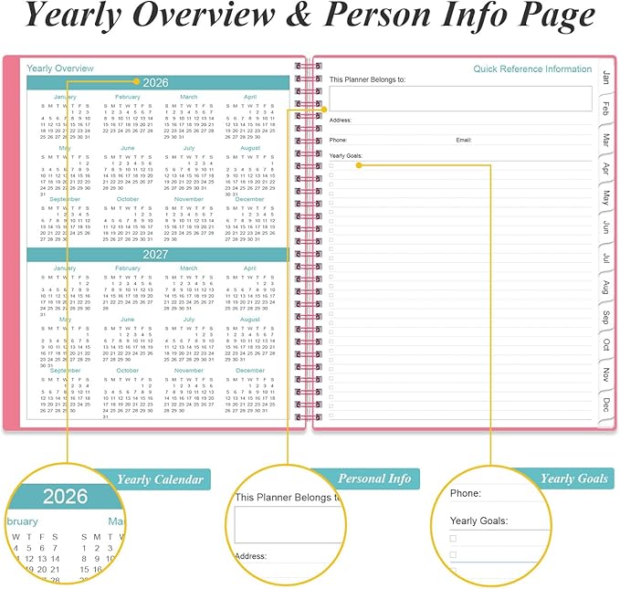 2026 Planner - Planner 2026 from January 2026 to December 2026 with 12 Monthly Tabs, Flexible Cover, Inner Pocket, 8.5" x 11", Pink-B