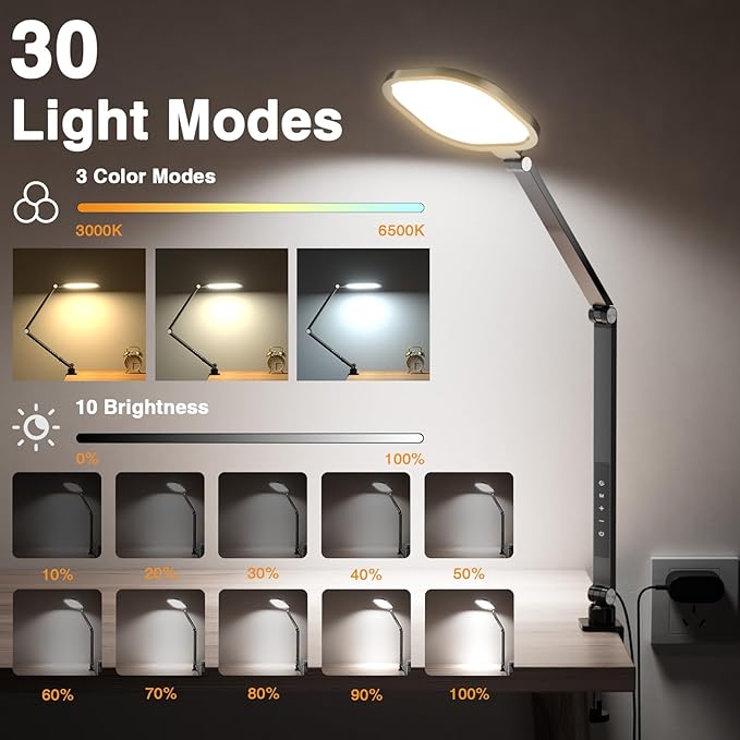 LitONES 2 Packs Led Desk Lamps for Home Office, 1200LM Dimmable Clamp-on Desktop Light, Adjustable Swing Arm Ring Light with Stand, Memory & Timer Function, Eye-Caring Design