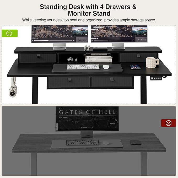 Grandder 47 x 28 inch Electric Standing Desk with 4 Drawers, Sit Stand Up Desk Adjustable Height with Storage Shelf for Home Office Ergonomic Adjustable Desk with Splice Board, Black