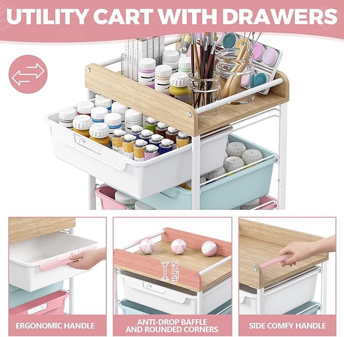 Rolling Storage Utility Cart With 6 Drawers,Art Supply Craft Organizer,Sewing Makeup Organizer And Storage,Office Organization Wooden Tabletop,Colorful