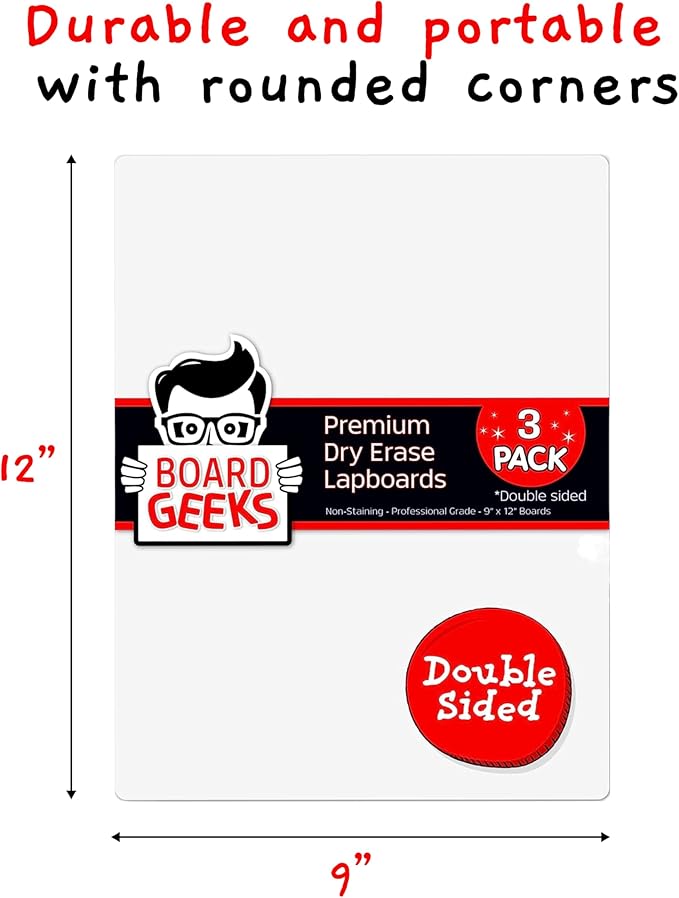 Board Geeks Mini Dry Erase Board for Kids, 3-Pack - 9x12-Inch Small White Boards for Students and Teachers - Double-Sided, Portable, and Easy-to-Clean Writing Boards for Classroom, Office, or Home