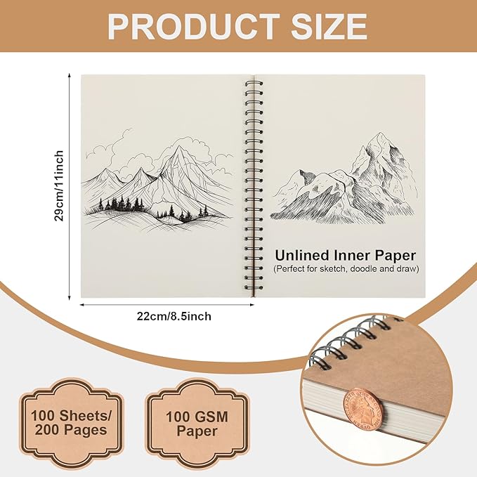 PerKoop 2 Pcs 8.5"x11" Spiral Sketch Pad A4 Large 100 Sheet Blank Notebook Sketch Pads 60lbs (100gsm) Xmas Gifts Sketching Drawing Pad Journals Art Sketchbook for Teachers Students Kids