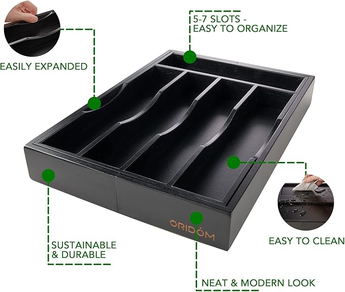 oridom Expandable Bamboo Kitchen Drawer Organizer for Cutlery and Utensils, Adjustable Bamboo Wood Cutlery Tray in Drawer for Flatware and Silverware in Kitchen, (Black)