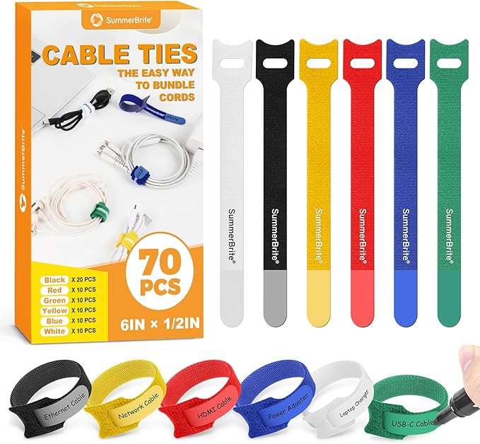 SummerBrite 70 Pack Multi-Color Cable Ties 6 Inch with Writable Labels, Reusable Cord Organizer Straps, Hook & Loop Wire Management for Identifying Electronics, Charging Cables, Home Office & PC