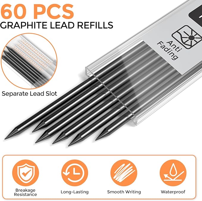 Nicpro 60 PCS Carpenter Pencil Refills - 2.8mm Lead for Mechanical Pencils, Construction & Woodworking - Break Resistant (Black, Red, Yellow, Green, Blue, White)