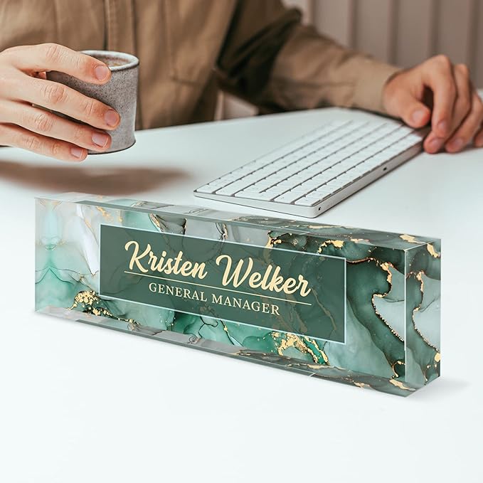 Custom Name Plate for Desk, Desk Name Plate Personalized, Office Decor for Women Men, Acrylic Desktop Accessories, Office Gifts for Coworkers Boss Teacher, Employee Appreciation Gifts (Green/Gold)