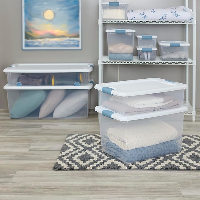 Sterilite 8-Pack Latching Box, Under Bed Storage Bins with Lids, Clear Plastic, 56 Quart - Heavy-Duty Organizing Containers for Closet, Bathroom, and Office
