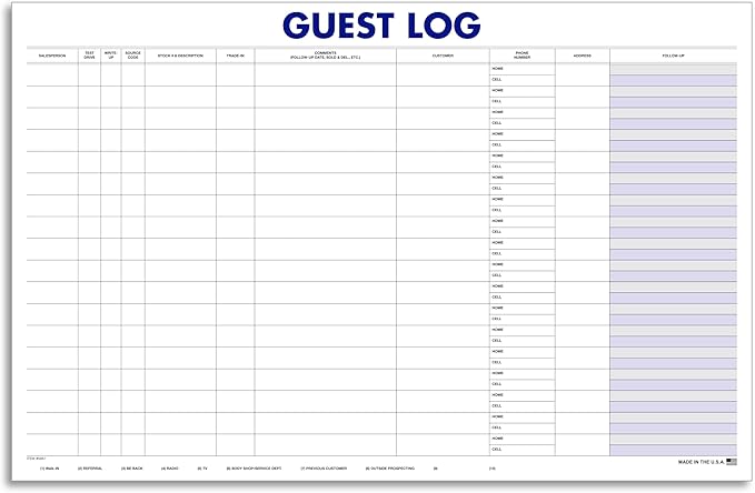 Guest Log Book for Automotive Dealerships – Customer Sign-in Tracking Log – 17" × 11" Visitor Registration Book – 100-Sheet Pad for Auto Service Centers, Repair Shops, Lead Management - 1 Pad