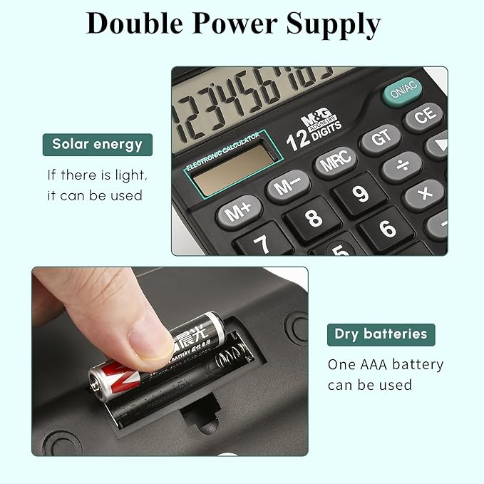 M&G Desk Calculator 12 Digit Office Calculators with Large LCD Display, Dual Solar Power and Battery, Recessed Big Button Calculator for Office Home (Black)