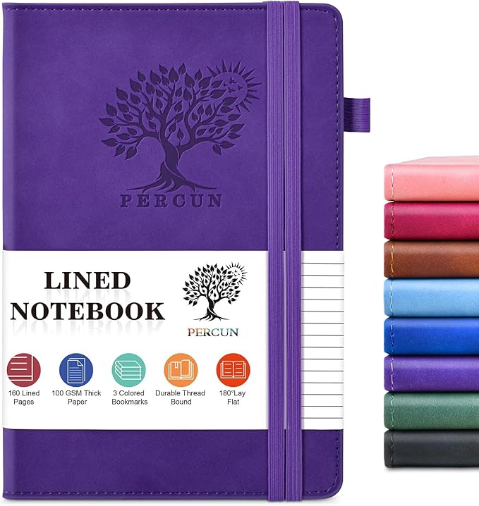 PERCUN Graph Paper Notebook, 160 Pages Grid Journal for women & men, A5 Hardcover Leather Graphing Notebook for School, Work, Travel, Note Taking 5.9”x8.5” (Purple)
