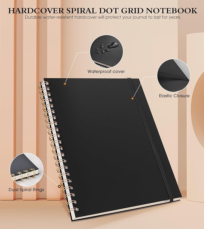 Dotted Notebook, Spiral Notebook Journal 8.5” x 11”, A4 Large Dot Grid Notebooks for Women Men, 100 GSM Dotted Paper, Plastic Hardcover Spiral Bullet Journals for Work School Sketching, Black
