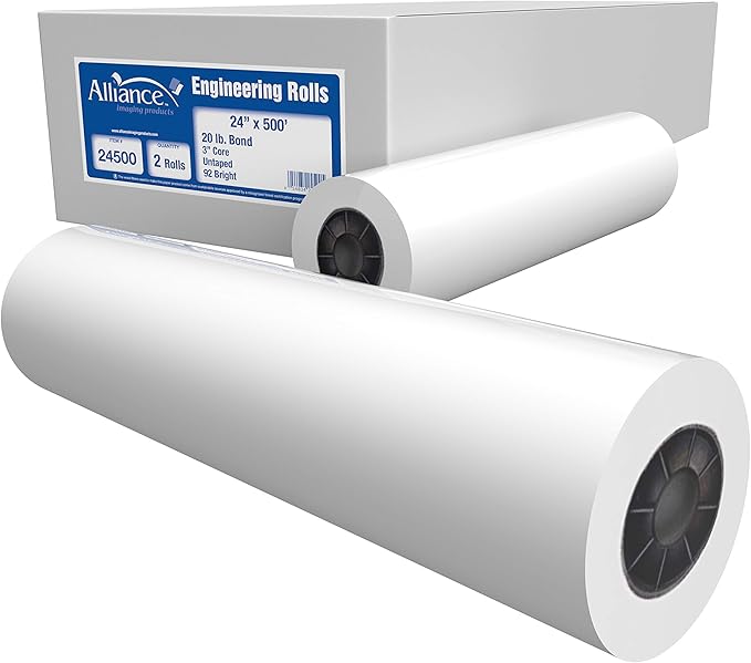 Alliance Wide Format Paper 24" x 500' Rolls Bond Engineering (20lb | 2 Rolls, 24 In x 500 Ft | 3" Core)