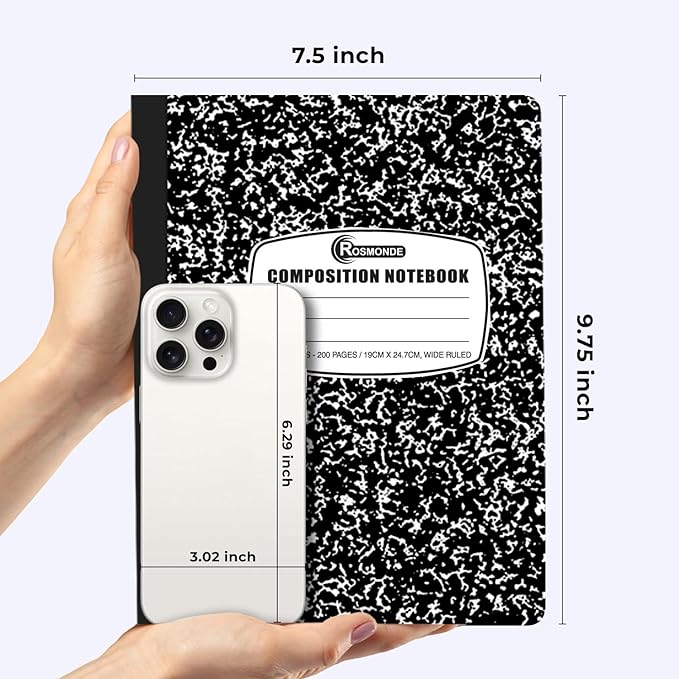 Rosmonde 50 Pack Composition Notebooks Bulk Wide Ruled, 200 Pages (100 Sheets), 9-3/4 x 7-1/2, Hard Cover, Bulk Black Marble Composition Notebook, Bulk Office Notebooks, Bulk Notebooks School Supplies