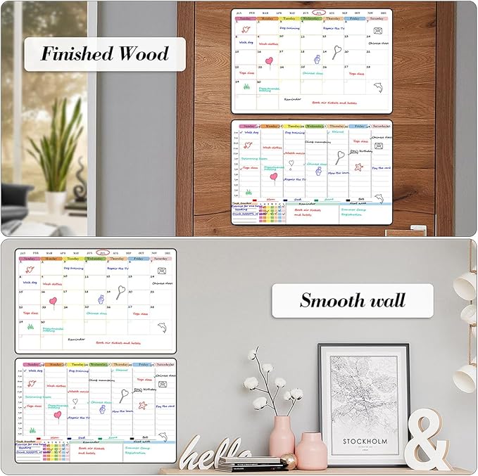 POPRUN Dry Erase Calendar weekly and monthly self adhesive stick on non-magnetic stainless fridge & Glass & Wall & wooden (any smooth surface) Schedule Board with Time Slots for Office and Family