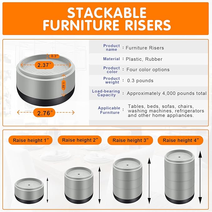 Furniture Risers Bed Risers Heavy Duty 1 inch, 2 inch, 3 inch, 4 inch Round Adjustable Bed Lifts Riser for Desk Legs Table Couch Sofa Chair Refrigerator Washing Machine (1 Inch, Gray, 12 Pack )