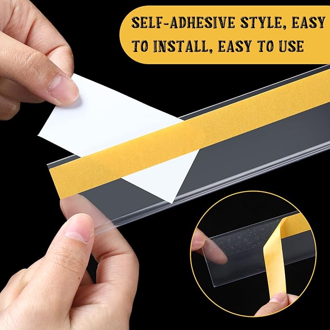 Fainne 100 Pcs Shelf Label Strips 1.5''H x 48 L Self Adhesive Shelf Label Holder Gondola Price Tag Stick on Plastic Clear Ticket Channel for Metal Wood Plastic Rack