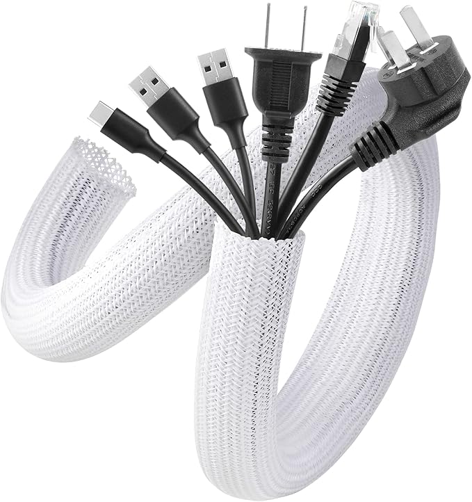 AGPTEK White Cable Sleeve Cover, 2 Pack 5ft - 1.2 inch Desk Cord Organizer Cable Hider, Home Office Wire Management Computer TV Wire Loom Tubing, Pet Proof Cord Protector, from Cat Dog Chewing, White