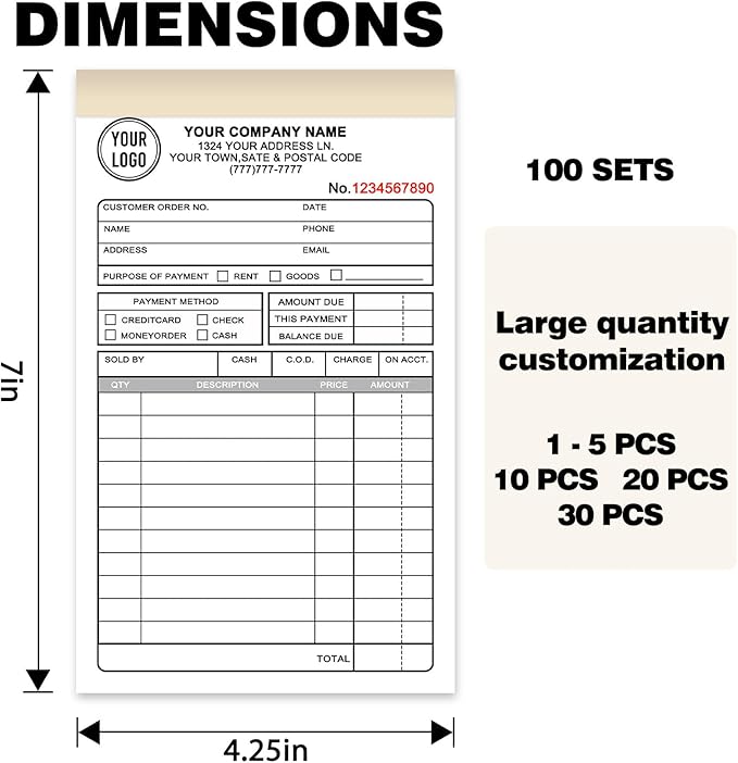 Custom Invoice Book with Logo 50 Set Personalized Receipt Books Customized Invoices for Small Business 3 - Parts Carbonless Duplicate Invoice Forms NCR Books