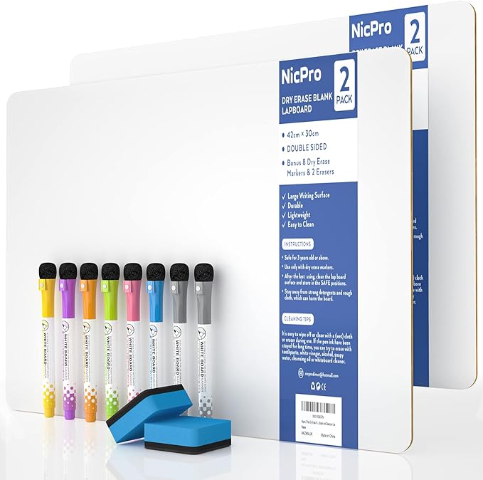 Nicpro Dry Erase Lap Board 12 x 16 inches 2 Pack Kid Double Sided Blank Small Lapboard with 8 Pens, 2 Eraser, Learning Mini Whiteboard Portable Drawing Board for Student and Classroom Use