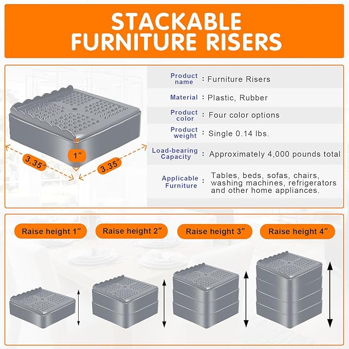 shouwuhho Furniture Risers, 4 Pack Bed Risers with Non-Slip Grip and Heavy Duty Support, 1 Inch 2 Inch 3 Inch 4 Inch Height Lift for Couch, Sofa, Table, Desk, Chair, Refrigerator - Gray, 1 Inch