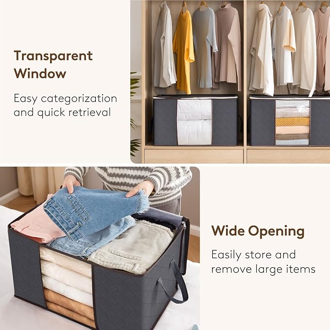 Lifewit 3 Packs Clothes Storage Bag, Storage Bins for Clothes, Blankets, Comforters, Foldable Clothing Storage with Reinforced Handle, Sturdy Zipper, Closet Organizer with Clear Window, Gray