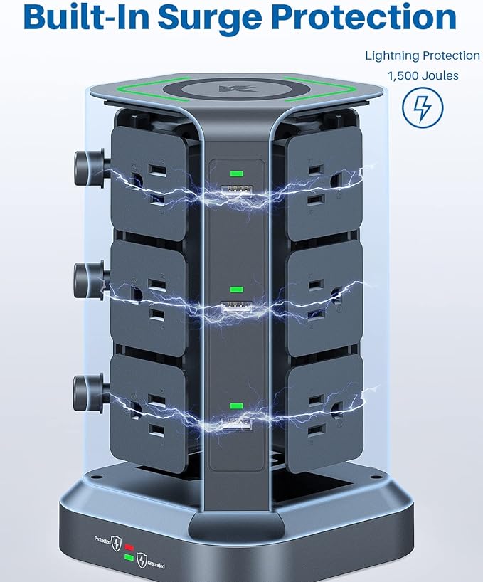 KOOSLA Power Strip Tower, [15W] Wireless Charger Surge Protector - 12 AC Multiple Outlets & 6 USB Ports, 6.5ft Extension Cord Charging Station for Office Supplies, Desk Accessories, Dorm Essentials