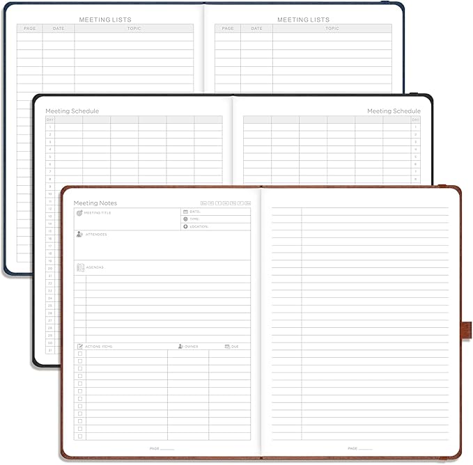 EMSHOI Meeting Notebook for Work with Sticky Tabs - 240 Pages, A4 Size Project Planner, PU Leather Meeting Agenda/Minutes Organizer for Women Men, Note Taking, Office & Business, 8.3"x11.7", Coffee