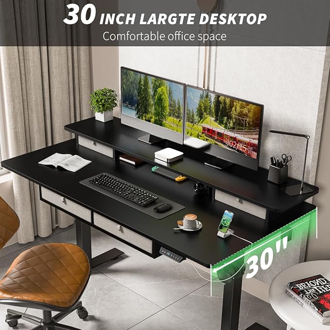 Kingant 48 x 30 Inch Electric Standing Desk with 4 Drawers, Adjustable Height Computer Desk for Home Office, Large Workstation Sit Stand Up Desk with Built-in USB A/C Charging Ports, Black