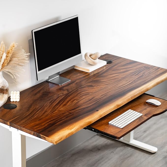 Standing Desk with Keyboard Tray – Walnut Solid Wood Desk, Natural Live Edge, Adjustable Height Dual Motor, Sit Stand for Home Office (White, W60 x D27)