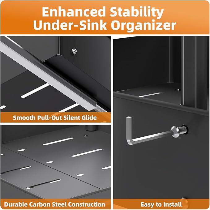Henyol 2Packs Under Sink Organizer with Adjustable Height and Width, Under Cabinet Organizer to Tidy, Sturdy Metal Design for Kitchen and Bathroom