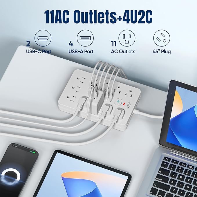 JouleLoom 6 FT Flat Plug Surge Protector Power Strip,11 Multiple AC Outlets with 6 USB Ports (2 USB C), 6 Feet Extension Cord, 1250W/10A, One Touch Switch Button, 17 in 1 Compact powerstrip-White