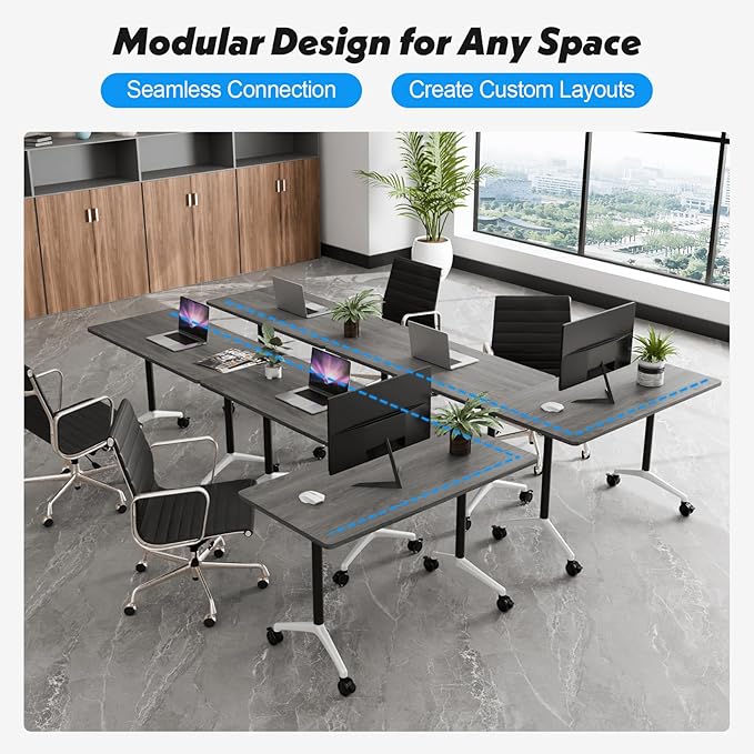 Goakwwuz Conference Room Table, Folding Conference Tables,Thicken Grey Tabletop,Flip Top Wooden Seminar Meeting Room Table for Conference Room Offices (8, Grey, 55.1”)