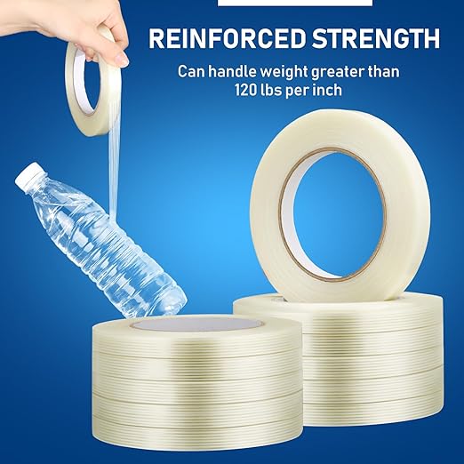 Treela 50 Rolls 1/2 Inch X 60 Yards Filament Strapping Tape 5.5 Mil Transparent Reinforced Fiberglass Heavy Duty Packing Shipping Tape for Sealing Binding Fixing