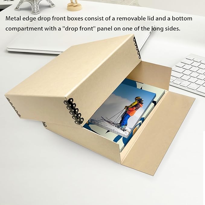 Lineco Museum Archival Storage Box, 14.75x18.75x3 in. Drop Front Design. Acid-Free with Metal Edge. Organize Photos, Pictures, Prints, Documents, Crafts, DIY. Tan, 1 Pack
