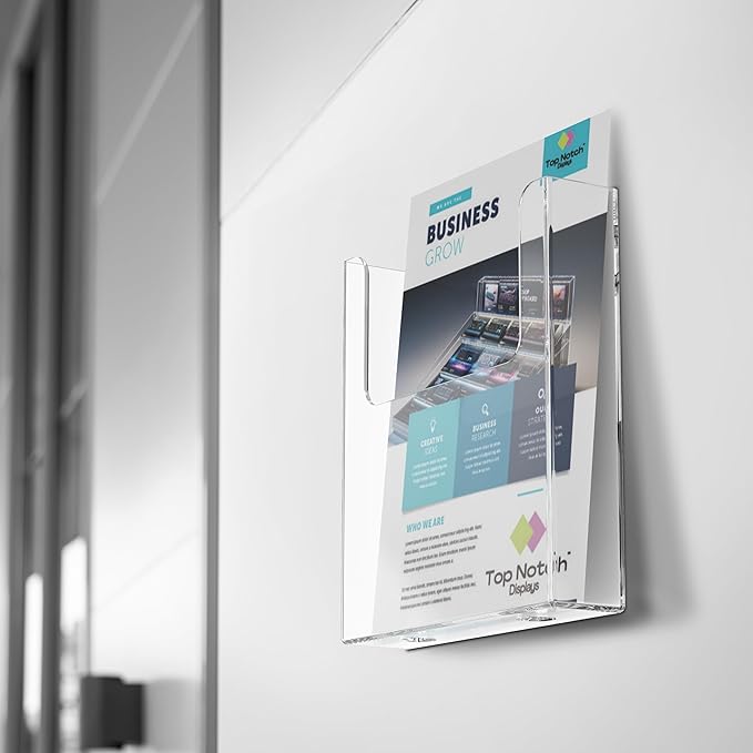 Top Notch Displays Acrylic Brochure Holder for Wall Mounting, Clear Display for 8.5" x 11" Flyers, Literature Holder for Magazines, Pamphlets, Menus, Includes Screws & Plastic Anchors – Pack of 8