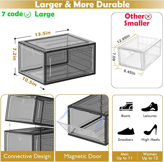 12 Pack Clear Shoe Storage Organizer with Magnetic Door, Stackable Plastic Shoe Boxes for Sneakers, Boots, and Heels, Space-Saving Foldable Shoe Rack for Closet, Durable Shoe Cabinet Organizer, Black