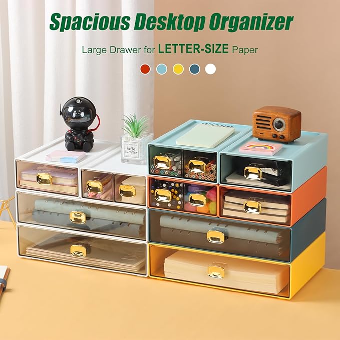 OSteed Spacious Desktop Storage Box, 1 Large Storage Drawer, Stackable Office Desk Drawer Organizer and Accessories, Printer Paper Organizer, Orange Plastic Drawers for Workspace & Home