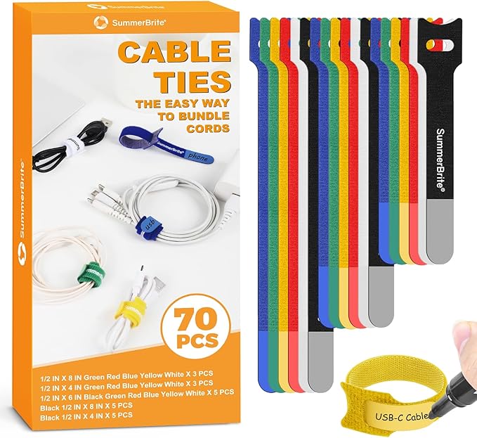 SummerBrite 70 Pack Assorted Cable Ties (4, 6, 8 Inch) Multi-Color with Writable Labels, Reusable Cord Organizer Straps, Hook & Loop Wire Management for Electronics, Home Office, PC Desk & Travel