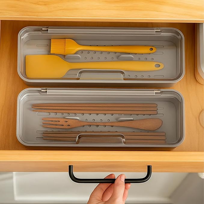 AHGUEP Silverware Organizer with Lid and Drainer - Plastic Kitchen Drawer Organizer for Forks Spoons Knives, Stackable Utensil Storage Container, Space-Saving Cutlery Tray (10.6 x 4.7 x 2.8 inch) (3)