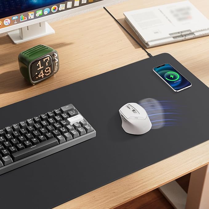 Mouse Pad with Wireless Charging, PU Leather Fast Charging Gaming Mouse Pad, Waterproof Anti-Slip Surface, Easy Clean Office Table Mat, 32L x 16W x 0.15H inches, Black(Right Side Charging Port)