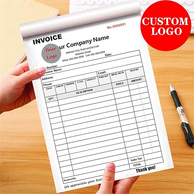 Custom Invoice Book in 3-Part /2-Part Receipt Book with Carbon Copies Personalized Carbonless Service Invoice Form Books Sales Order Book with Company Name Logo Address,A-Invoice Book with Logo