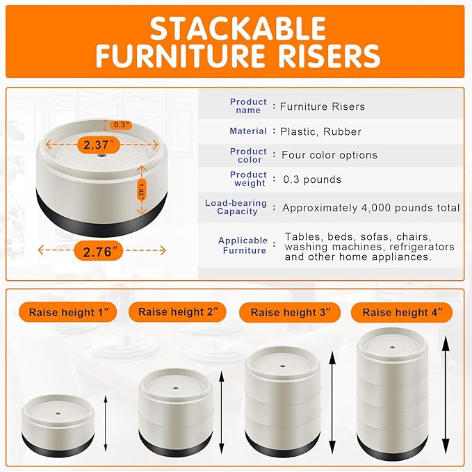 Furniture Risers Bed Risers Heavy Duty 1 inch, 2 inch, 3 inch, 4 inch Round Adjustable Bed Lifts Riser for Desk Legs Table Couch Sofa Chair Refrigerator Washing Machine (1+1+1 Inch, White, 4 Pack )
