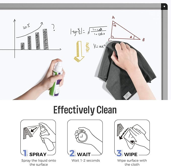loukin 4 Pack Magnetic Whiteboard Cleaning Cloth, Dry Erase Cleaning Cloth for Classroom, Home and Office Use, Reusable & Washable, Gray, 12" x 12", 1 Bottle of 3.4 fl oz Whiteboard Cleaner Included