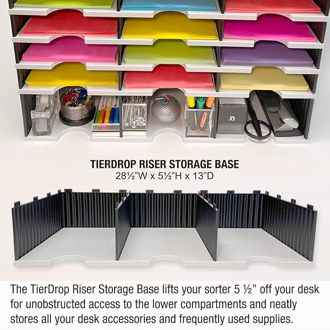 Desktop Organizer 6 Letter Tray Sorter Plus Riser Storage Base & 3 Supply Drawers - TierDrop Plus Stores All of Your Documents, Files, Forms & Frequently Used Supplies in One Compact Modular System