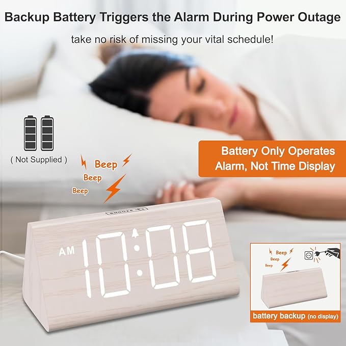 DreamSky Wooden Digital Alarm Clock for Bedroom - Living Room Desk Clock with Large Numbers, Bedside Nightstand Clock with USB Port, Adjustable Volume, Dimmer, DST, Office Wood Décor, Adapter Powered