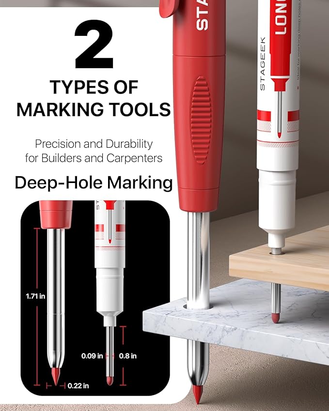 STAGEEK Carpenter Pencils Set with Sharpener, Heavy Duty Woodworking Tools with 13 Refills (Red, Black, Yellow), Construction Pencil and Deep Hole Long Nib Marker Pen for Architect Marking with Case