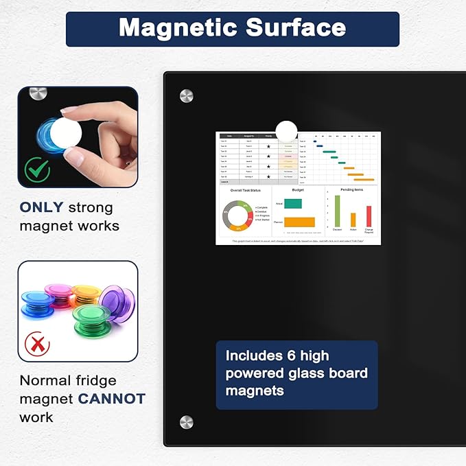 Black Dry Erase Board, 36" x 24" Magnetic Glass Whiteboard for Wall, Black Glass White Board with 1 Marker Tray and 3 Magnets for Office, Home, Classroom