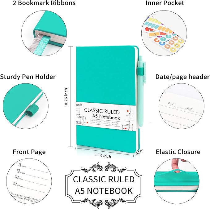 feela 5 Pack Notebooks Journals Bulk, Hardcover Notebook Classic Ruled Lined Journals with Pen Holder for Women Girls School Business Supplies, with 5 Black Pens, 120 GSM, 5.1”x8.3”, A5, Aqua